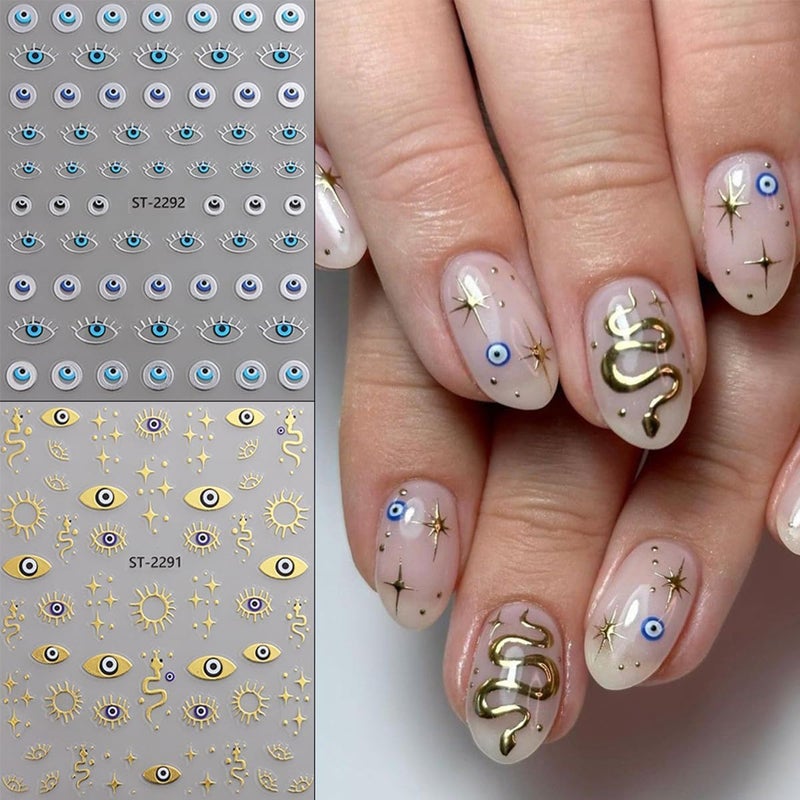 SPLOCUDU 12 Sheet Gold Eye Nail Stickers Decals 3D Self Adhesive Goth Nails Decals Gold Silver Sun Star Nail Art Stickers Metallic Snake Horror Eye Gothic Design Sticker for Women Manicure Decoration - Image 3
